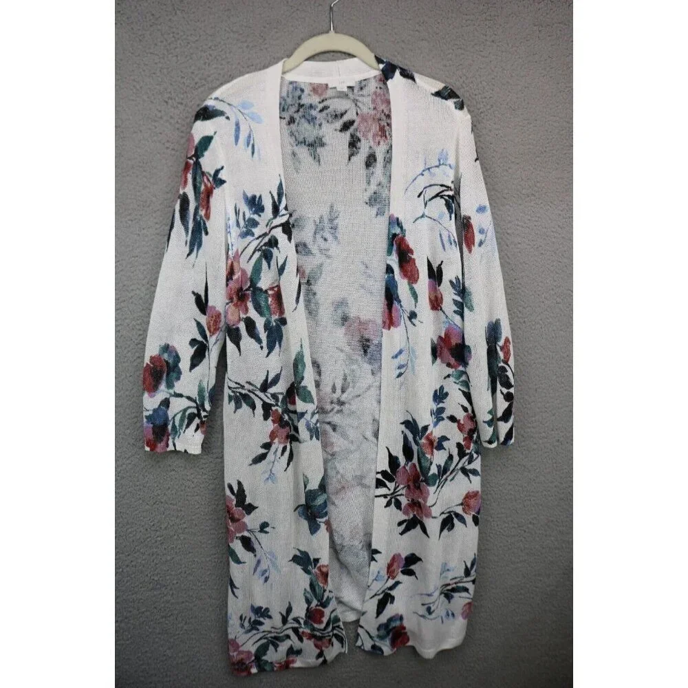 J. Jill Long Open Front Cardigan-Linen Blend-Floral-Medium-Cottagecore